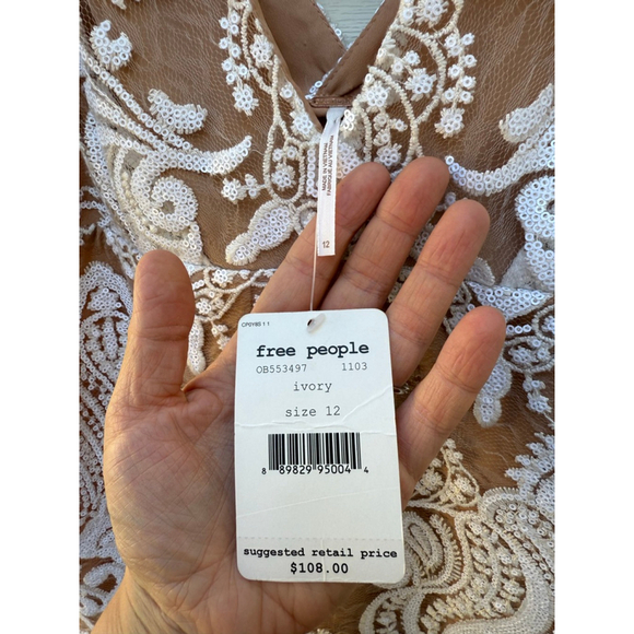 Free People Night Shimmer Lace Mini Dress White NWT Size 12 Bridal Boho - Picture 6 of 8